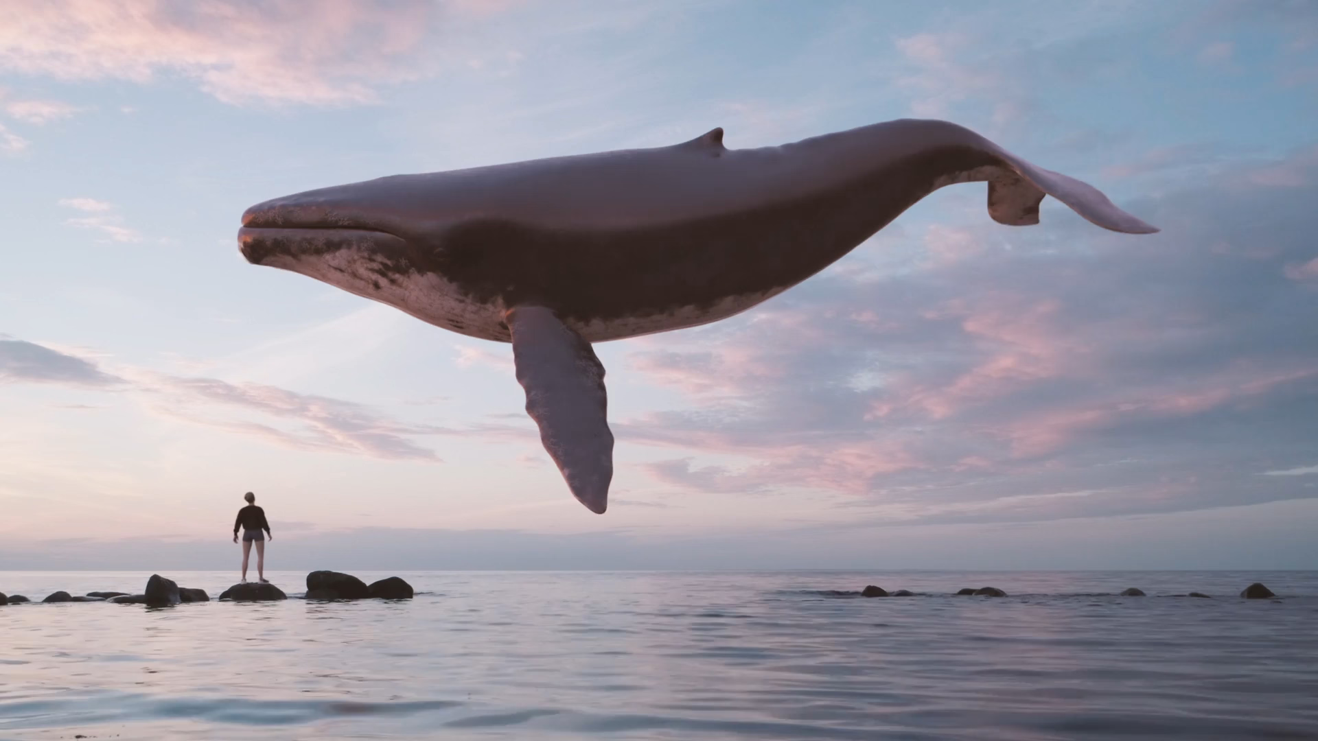 A whale levitating above the sea, while a man is looking at the event in awe